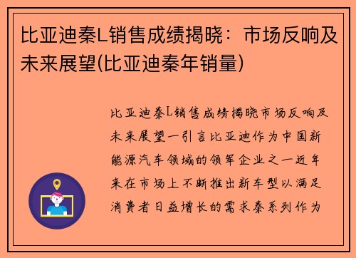 比亚迪秦L销售成绩揭晓：市场反响及未来展望(比亚迪秦年销量)
