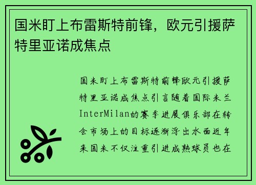 国米盯上布雷斯特前锋，欧元引援萨特里亚诺成焦点