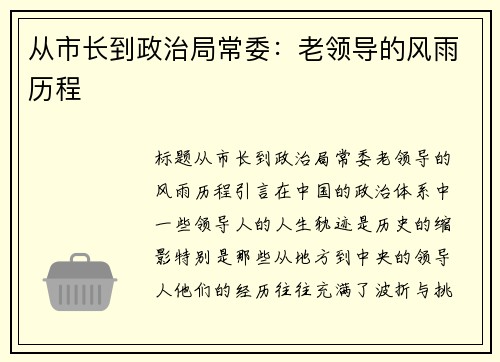从市长到政治局常委：老领导的风雨历程