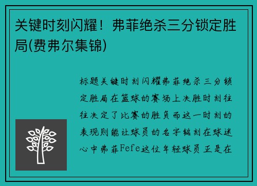 关键时刻闪耀！弗菲绝杀三分锁定胜局(费弗尔集锦)
