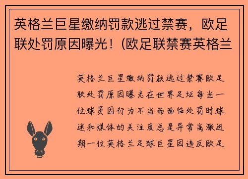 英格兰巨星缴纳罚款逃过禁赛，欧足联处罚原因曝光！(欧足联禁赛英格兰5年)