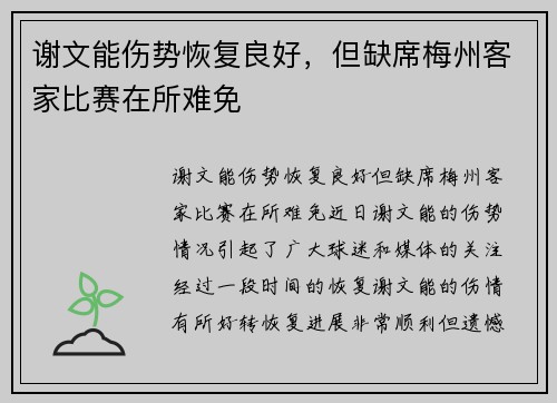 谢文能伤势恢复良好，但缺席梅州客家比赛在所难免