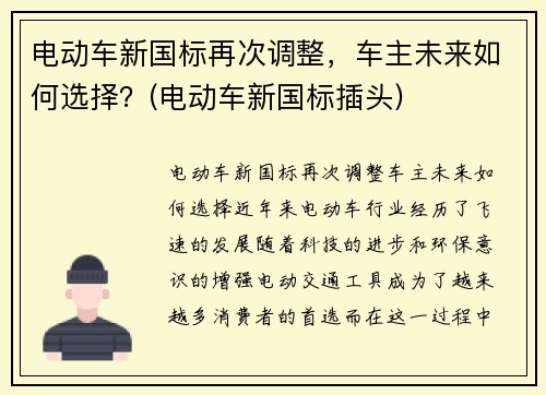 电动车新国标再次调整，车主未来如何选择？(电动车新国标插头)