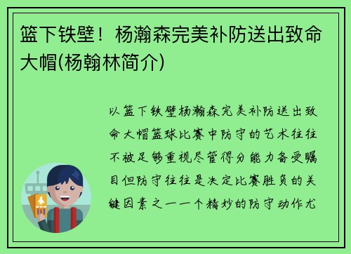 篮下铁壁！杨瀚森完美补防送出致命大帽(杨翰林简介)