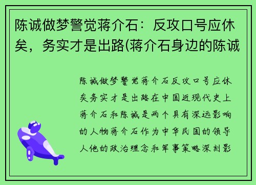 陈诚做梦警觉蒋介石：反攻口号应休矣，务实才是出路(蒋介石身边的陈诚)