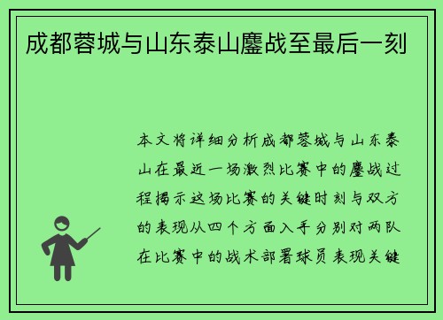 成都蓉城与山东泰山鏖战至最后一刻