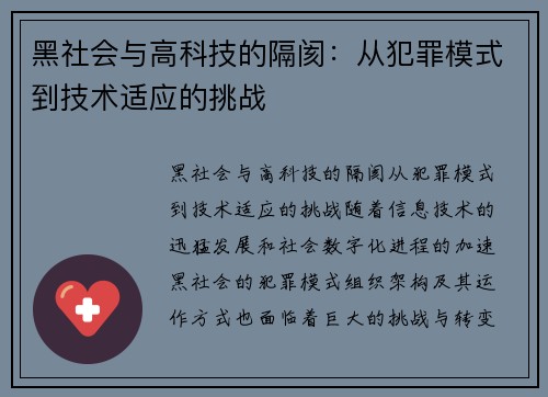 黑社会与高科技的隔阂：从犯罪模式到技术适应的挑战